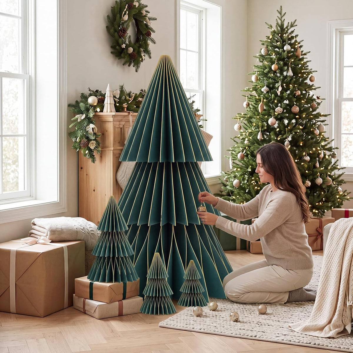 glikceil 4 set large honeycomb paper christmas tree showing dimensions