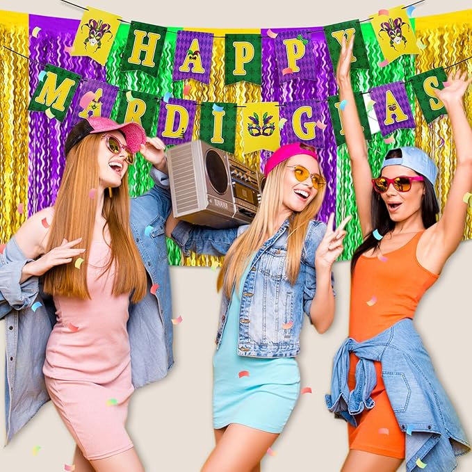 6 Pack 29x108 Inch Gold Green Purple Wave Foil Fringe Table Skirts Metallic Banner for Tinsel Streamer Garland Backdrop for Parade Floats Wedding, Mother's Day, Birthday Mardi Gras Party Decorations
