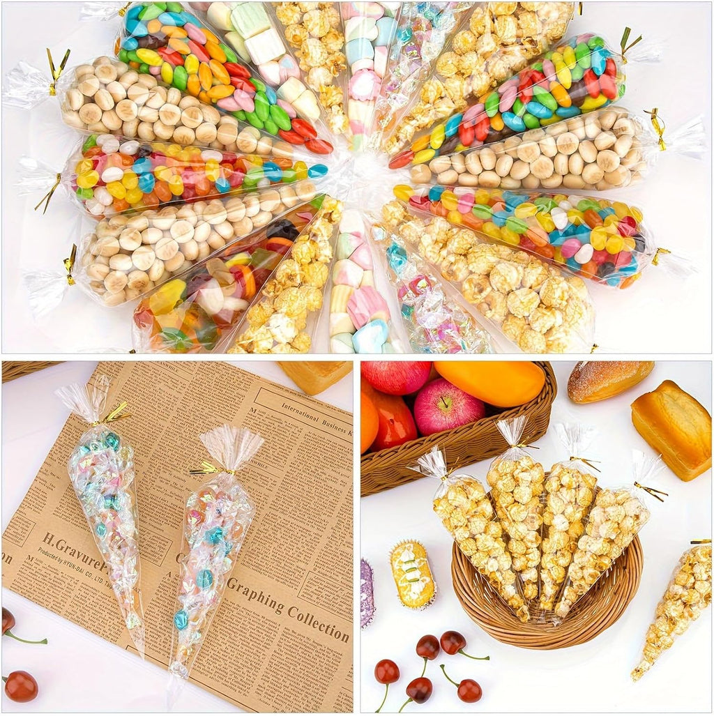 50pcs Clear Cone Cellophane Bags, Cello Cone-Shaped Treat Bags with Twist Ties, Plastic Triangle Bags for Popcorn and Candy Favors