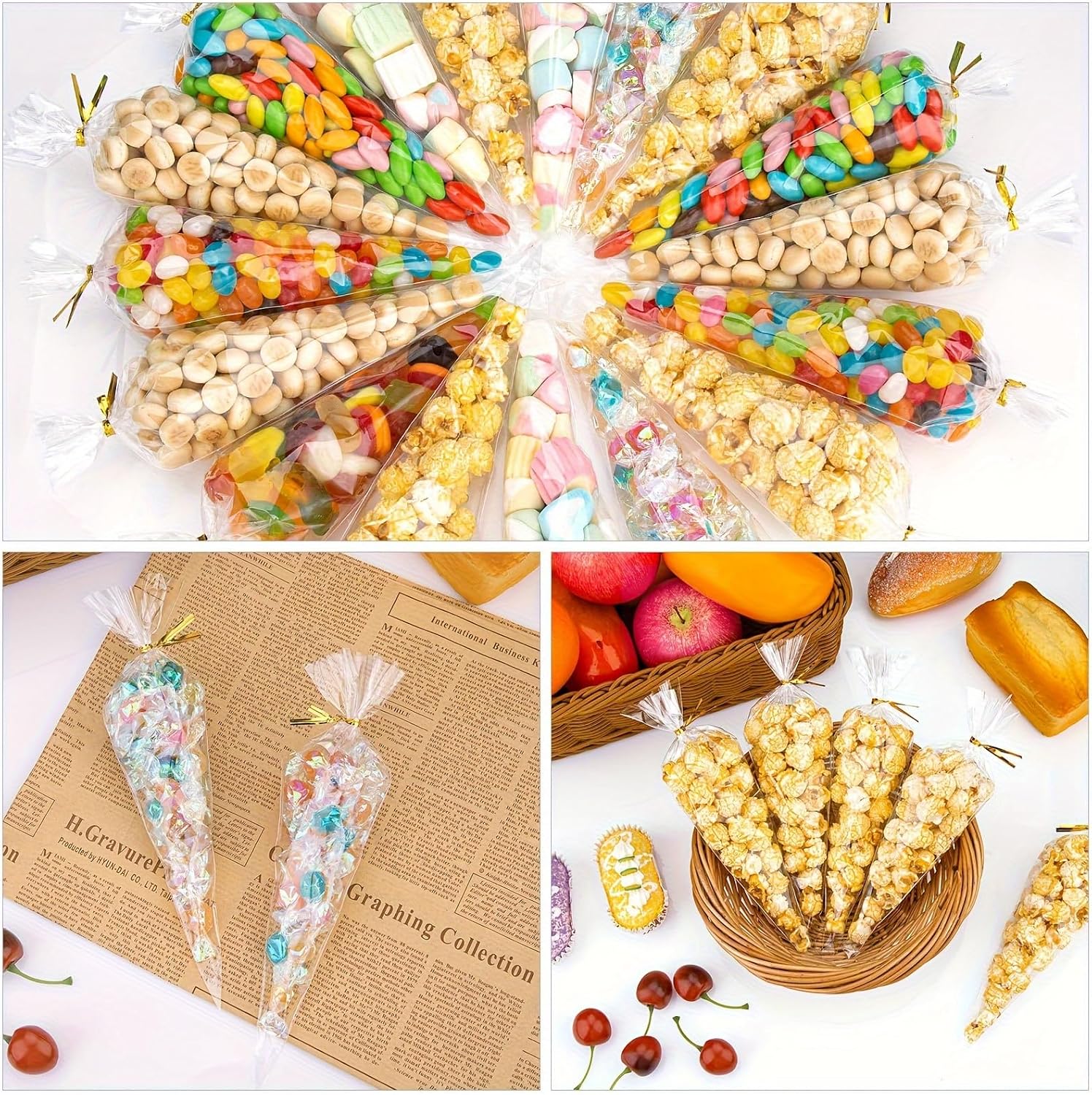 50pcs Clear Cone Cellophane Bags, Cello Cone-Shaped Treat Bags with Twist Ties, Plastic Triangle Bags for Popcorn and Candy Favors