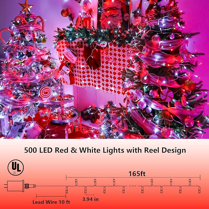 YEGUO 165ft 500 LED Red and White Christmas Lights Outdoor Waterproof, Clear Wire String Lights Indoor Plug in, 8 Modes Clear Wire Twinkle Tree Light for Xmas Party Garden