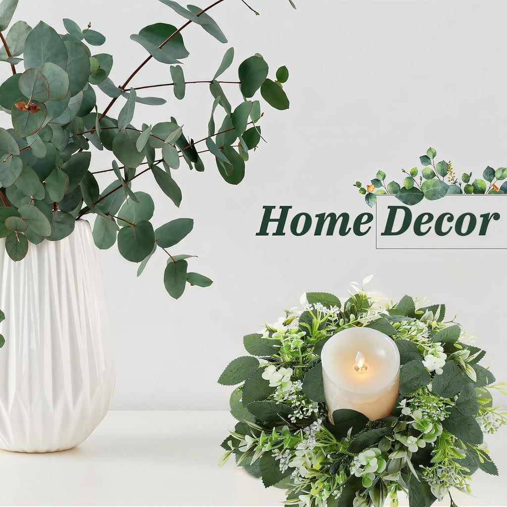 6 Pcs Artificial Eucalyptus Candle Rings Wreaths, 9 Inch Small Eucalyptus Wreath with Baby Breath, Greenery Candle Wreath Rings for Pillar Candle Table Centerpieces Wedding Home Decor