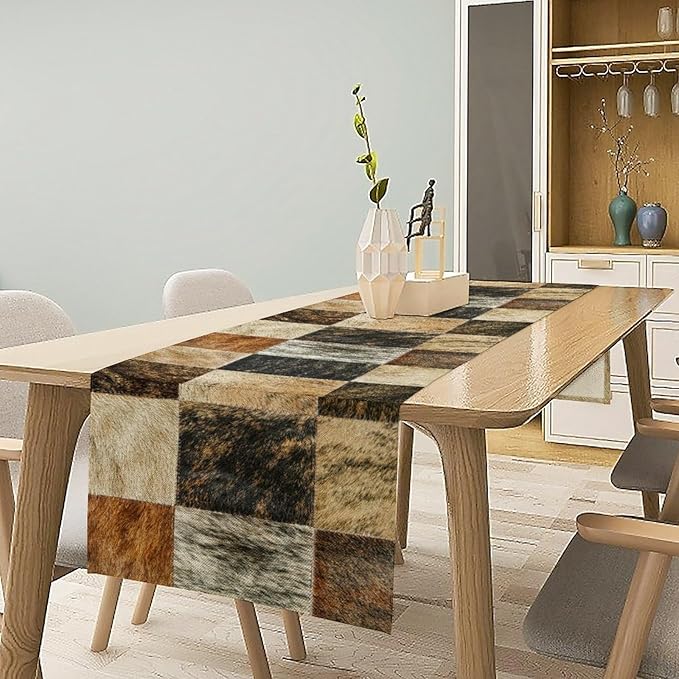 Rustic Cow Skin Patchwork Print Table Runner, Farmhouse Country Western Style Fur Table Cover for Dinning Home Party Holidays Home Setting, 13x60 Inch