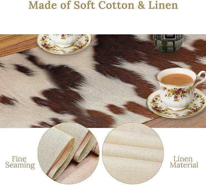Farmhouse Cow Skin Print Table Runner, Safari Wildlife Brown Country Farm Cowhide Pattern Cotton Linen Rustic Cottage Table Runner for Dinning Home Party Holidays Home Setting, 13x90 Inch