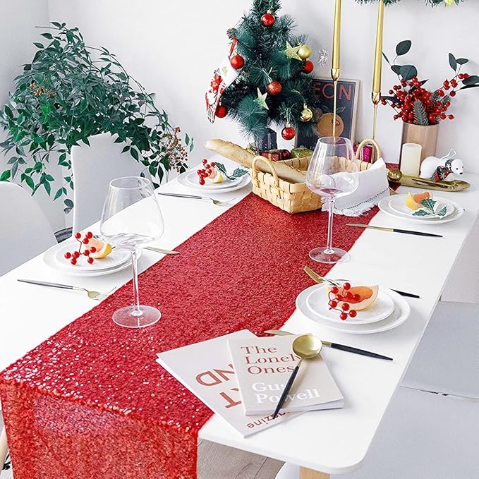 Red Table Runners 10 Packs 12x108 Inch Glitter Sequin Table Runners for Birthday Party Bridal Shower Banquet Wedding Table Decorations