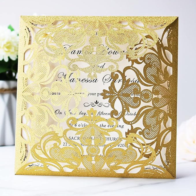 Hosmsua 6.3 x 6.3 Inch 50PCS Gold Glitter Laser Cut Wedding invitation Cards with Envelopes Hollow Lace Rose Invitation for Engagement Wedding Bridal Shower Invite (Gold Glitter)