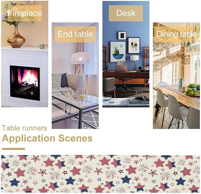 4th of July Table Runner, American Patriotic Independence Day Red Blue White Stars Stripes Fireworks Print Table Runner for Home Party Decor Kitchen Dining Table, 13x108inch