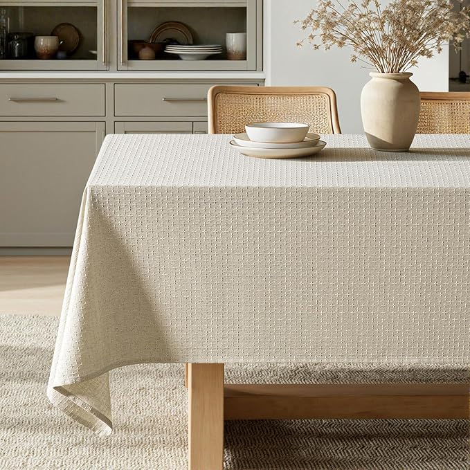 MIULEE Natural Linen Cottton Table Cloth Rectangle Tablecloth Waterproof Spillproof Cross-Star Textured Table Cltoth Decorative Farmhouse Style for Dining Party Weddings 60x84 Inch
