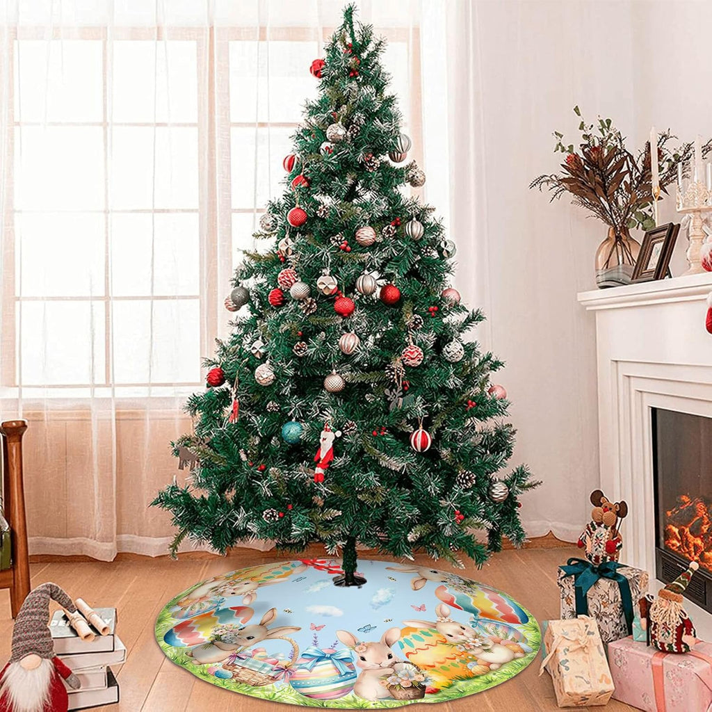 Easter Bunny Eggs Tree Skirt 36 Inch Rabbit Christmas Tree Skirt Xmas Ornaments for Holiday Party Decorations Indoor Outdoor