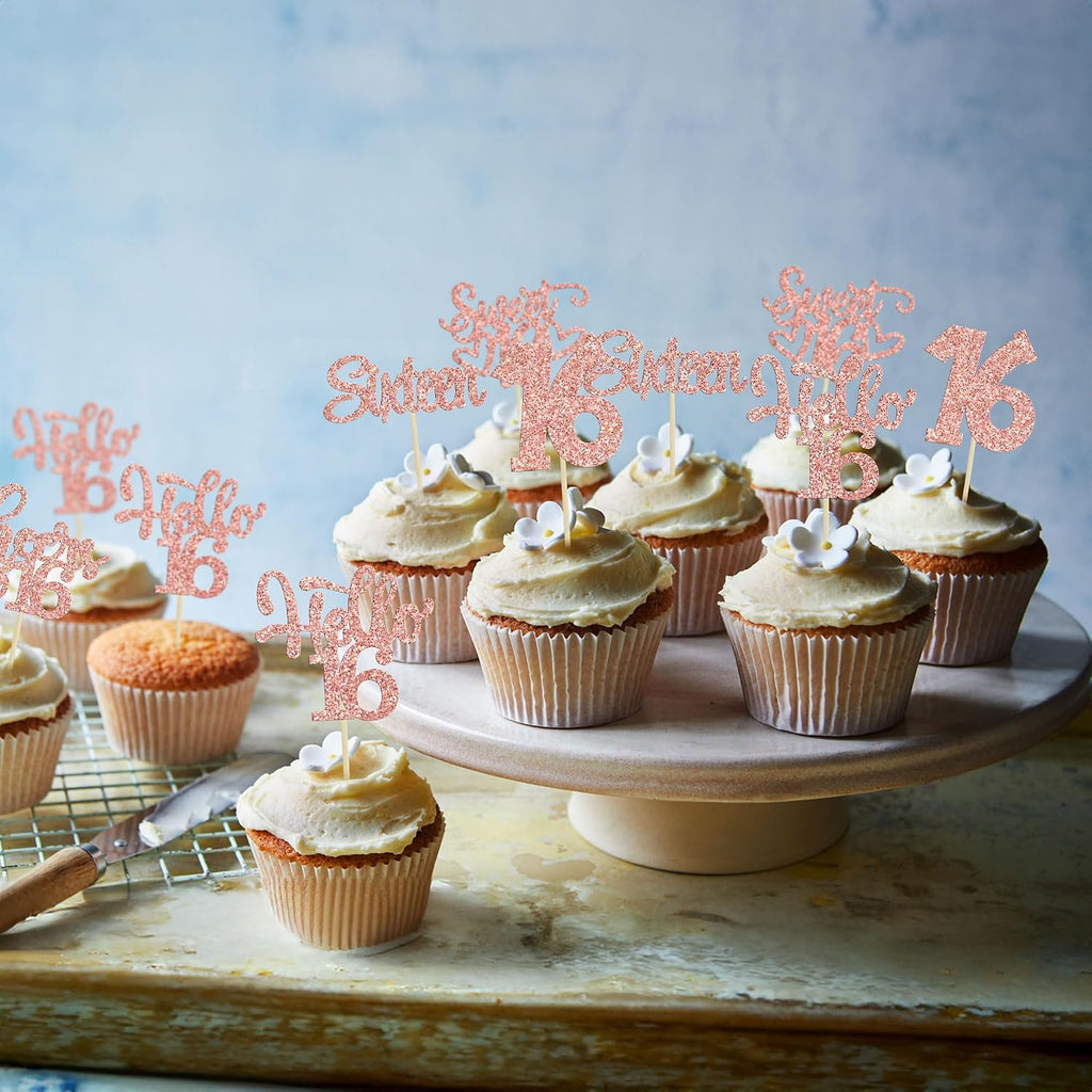 30Pcs 16th Birthday Cupcake Toppers Sixteen Happy 16th Cupcake Picks Cheers to 16 Sweet 16 Cake Decorations for Anniversary Party Supplies Rose Gold Glitter