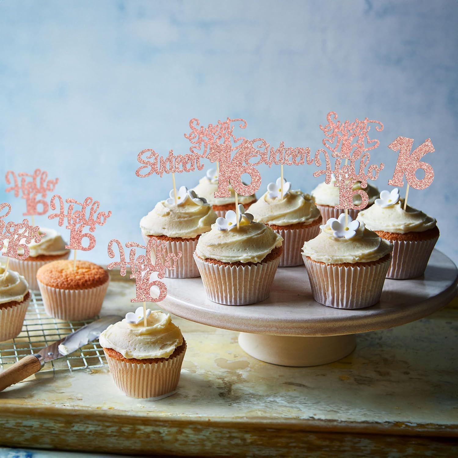 30Pcs 16th Birthday Cupcake Toppers Sixteen Happy 16th Cupcake Picks Cheers to 16 Sweet 16 Cake Decorations for Anniversary Party Supplies Rose Gold Glitter