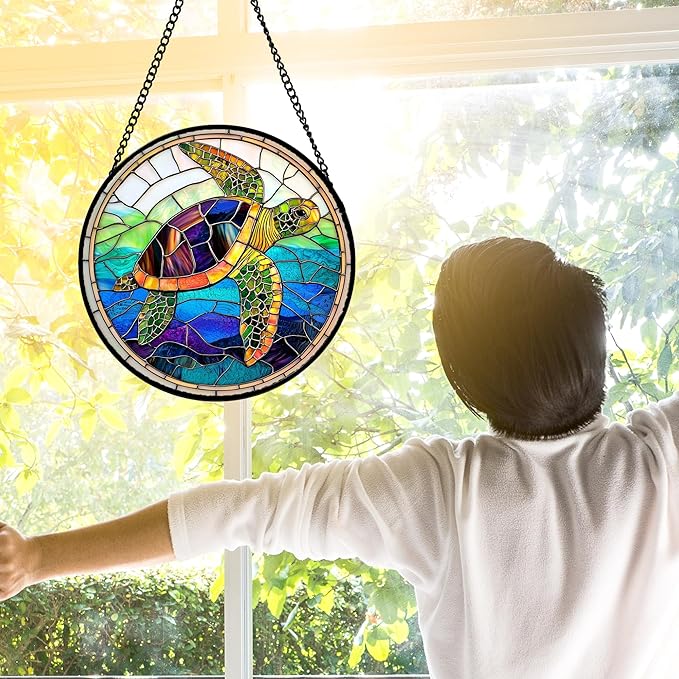 Stained Glass Window Hanging, Colored Turtle Ocean Suncatcher Diamond Glass Panel Hangings Marine Life Sun Catchers Decor for Birthday for Women, Men, Wife, Aunt, Mom 15x15 in