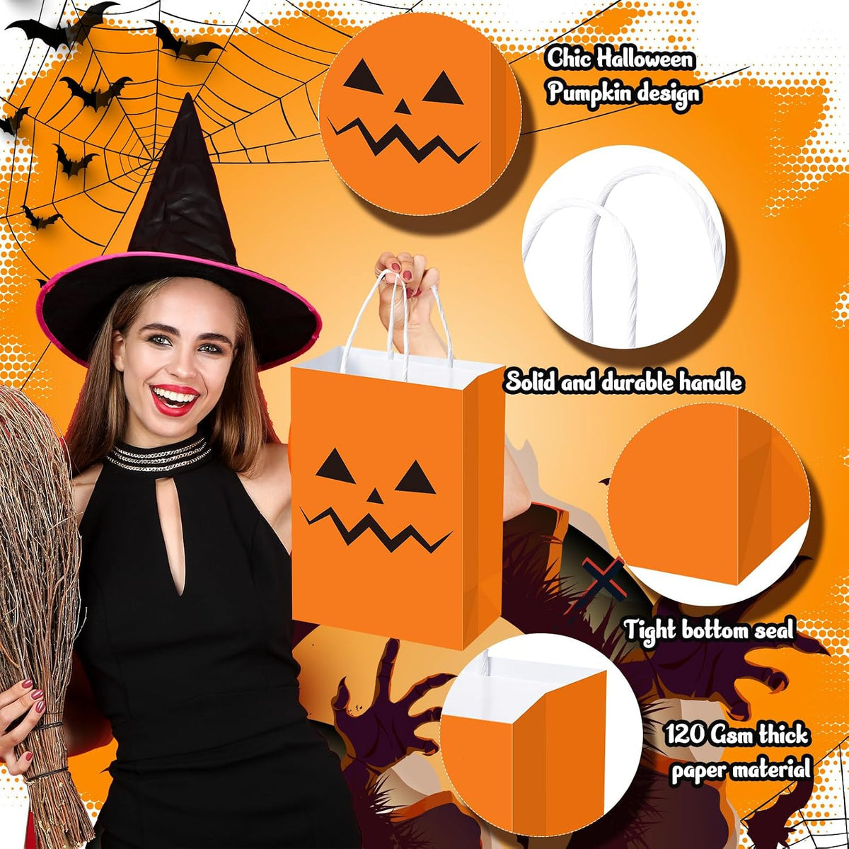 Ireer 100 Pcs Halloween Pumpkin Gift Bags Paper Treat Sacks with Handles