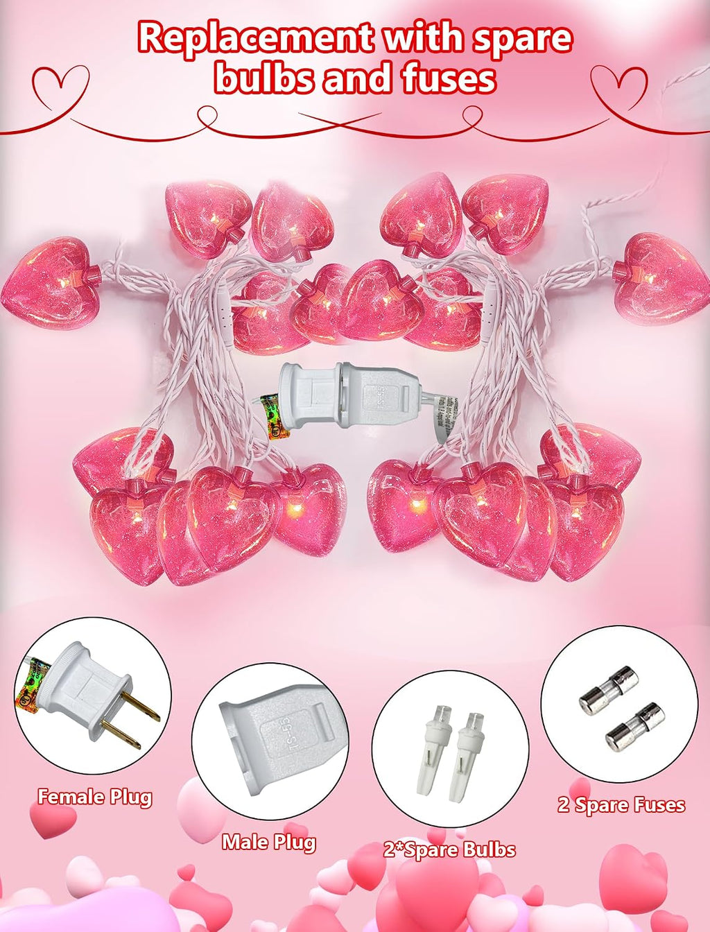Valentine’s Day Heart String Lights Plug in, 8.5FT Pink LED Heart Lights for Indoor Outdoor Decor, Connectable Valentine Pink Fairy String with Soft Romantic Glow