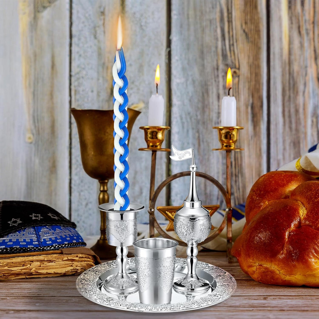 Mumufy 9 Pcs Shabbat Havdalah Set Include Havdualah Candle Holder Kiddush Cup Spice Box Goblet Silver Plate with 5 Pcs Havdalah Candle for Shabbat Judaica Decoration