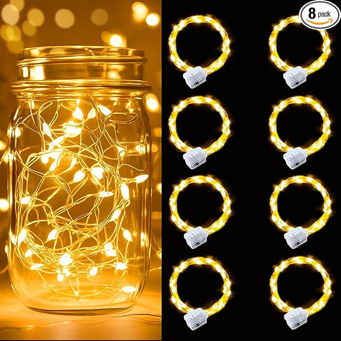 pozzolanas 8 Pack Warm White Battery Operated String Lights - 7ft Waterproof Fairy Lights with 20 LEDs for Home, Mason Jar, Party, Wedding, Halloween, Christmas Decorations