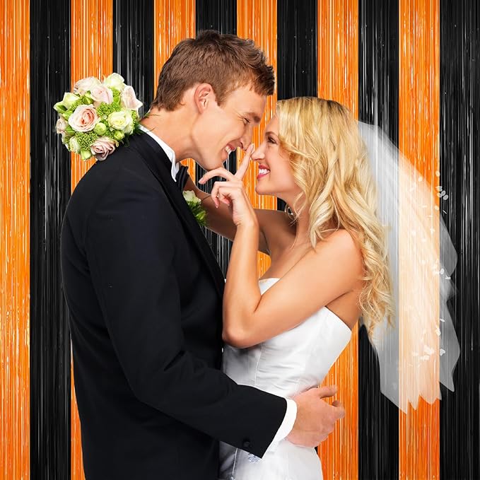 Halloween Photo Backdrop, 2 Pack Orange and Black Party Streamer, Metallic Foil Fringe Curtains Tinsel Backdrop, Halloween Birthday Party Decorations Hanging Decor Indoor, Photo Booth Props Streamers