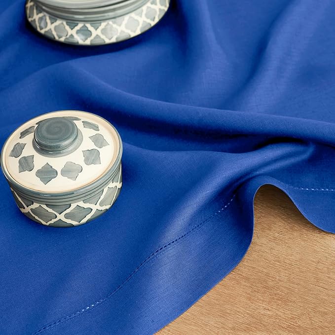 Solino Home Linen Royal Blue Table Runner 132 Inches Long - 100% Pure Linen Extra Long Table Runner 14 x 132 Inch - Classic Hemstitch