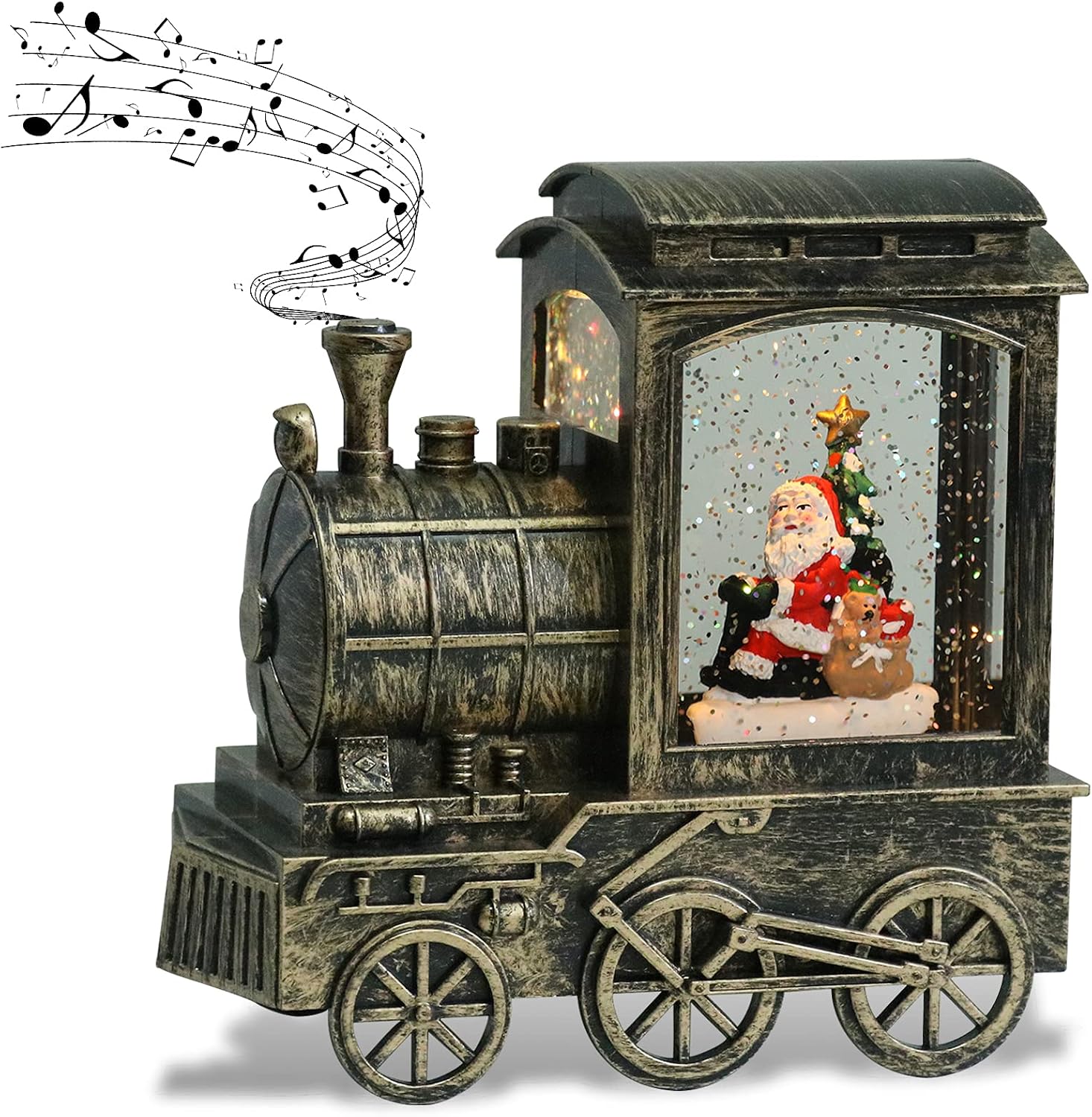 Music Snow Globe Train Lantern with Music and Timer, Battery Operated and USB Cable Santa Lighted Snow Globe Spinning Water Glitter (Bronze, USB Included)