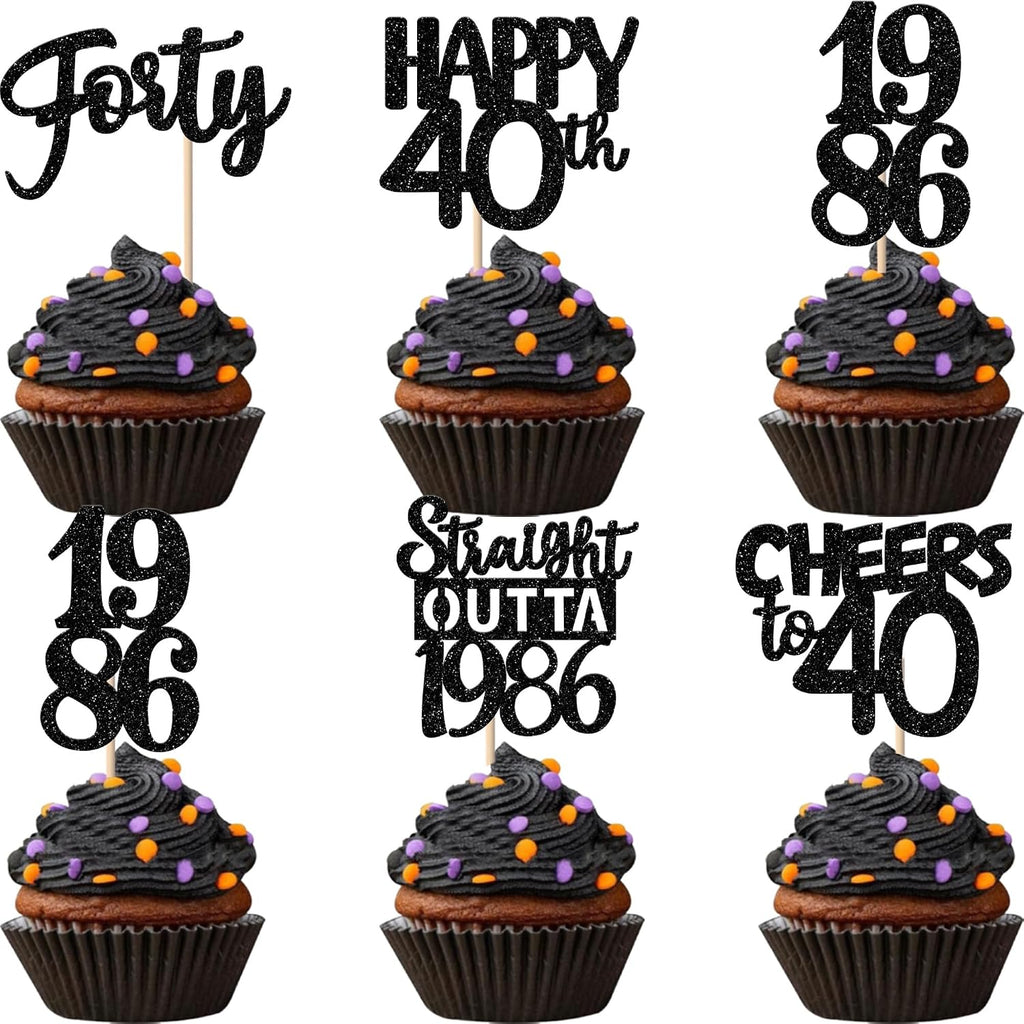30PCS Black 40th Birthday Cupcake Toppers Glitter Forty Happy 40th Straight Outta 1986 Cupcake Picks for Cheers to 40 Years 40th Birthday Wedding Anniversary Party Decorations Supplies