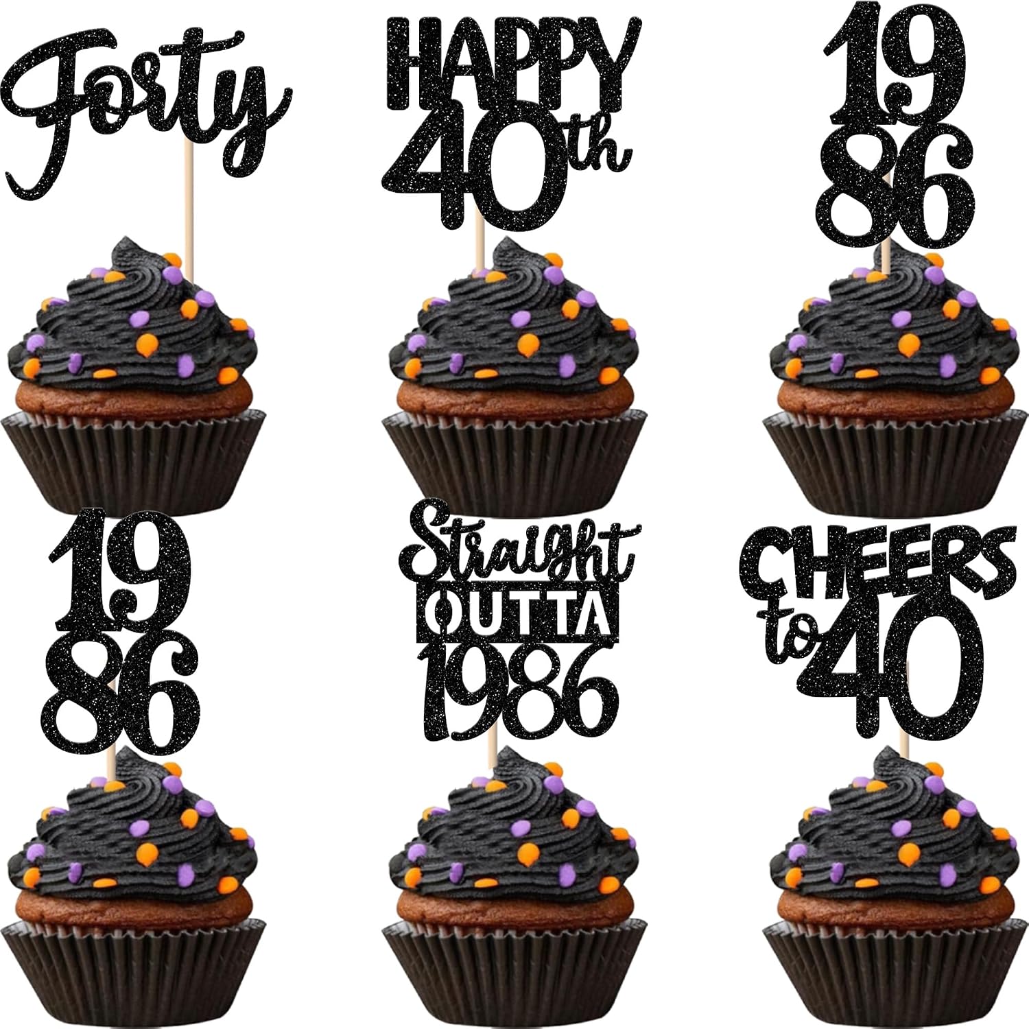 30PCS Black 40th Birthday Cupcake Toppers Glitter Forty Happy 40th Straight Outta 1986 Cupcake Picks for Cheers to 40 Years 40th Birthday Wedding Anniversary Party Decorations Supplies