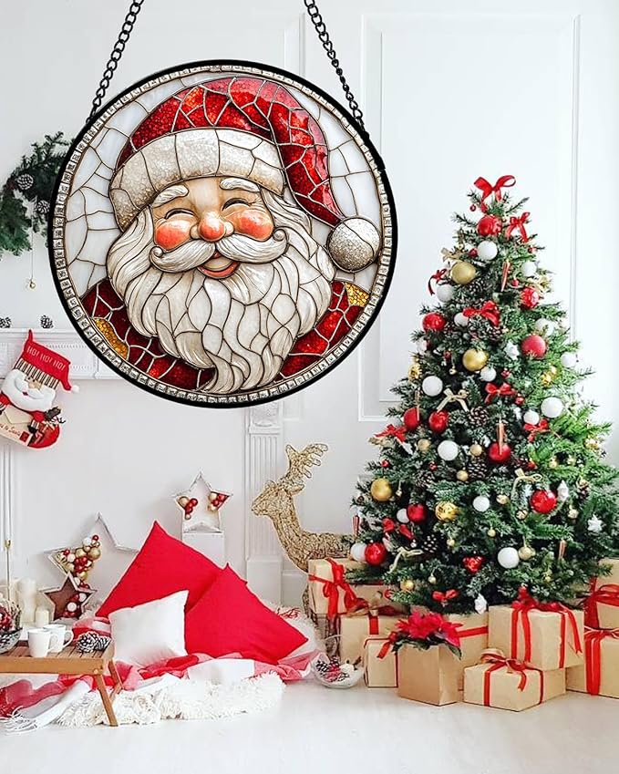 Stained Glass Window Hanging - Red White Santa Claus Suncatcher for Doors Home Christmas Decoration Winter Sun Catcher Thanksgiving New Year Birthday Gifts for Women Men Mom Nana Girl 6.3 in