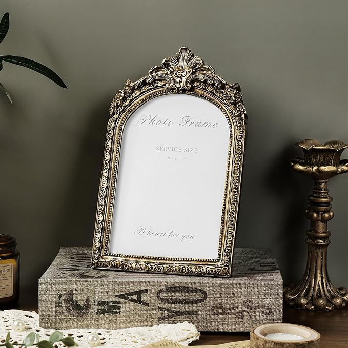 Cuspin Arched 5x7 Picture Frame Vintage Gold Frames, Bronze 5 by 7 Arched Picture Frame Hand-Crafted Resin with Glass Front Ornate Retro Antique Photo Frames for Wall and Tabletop Display Home Decor