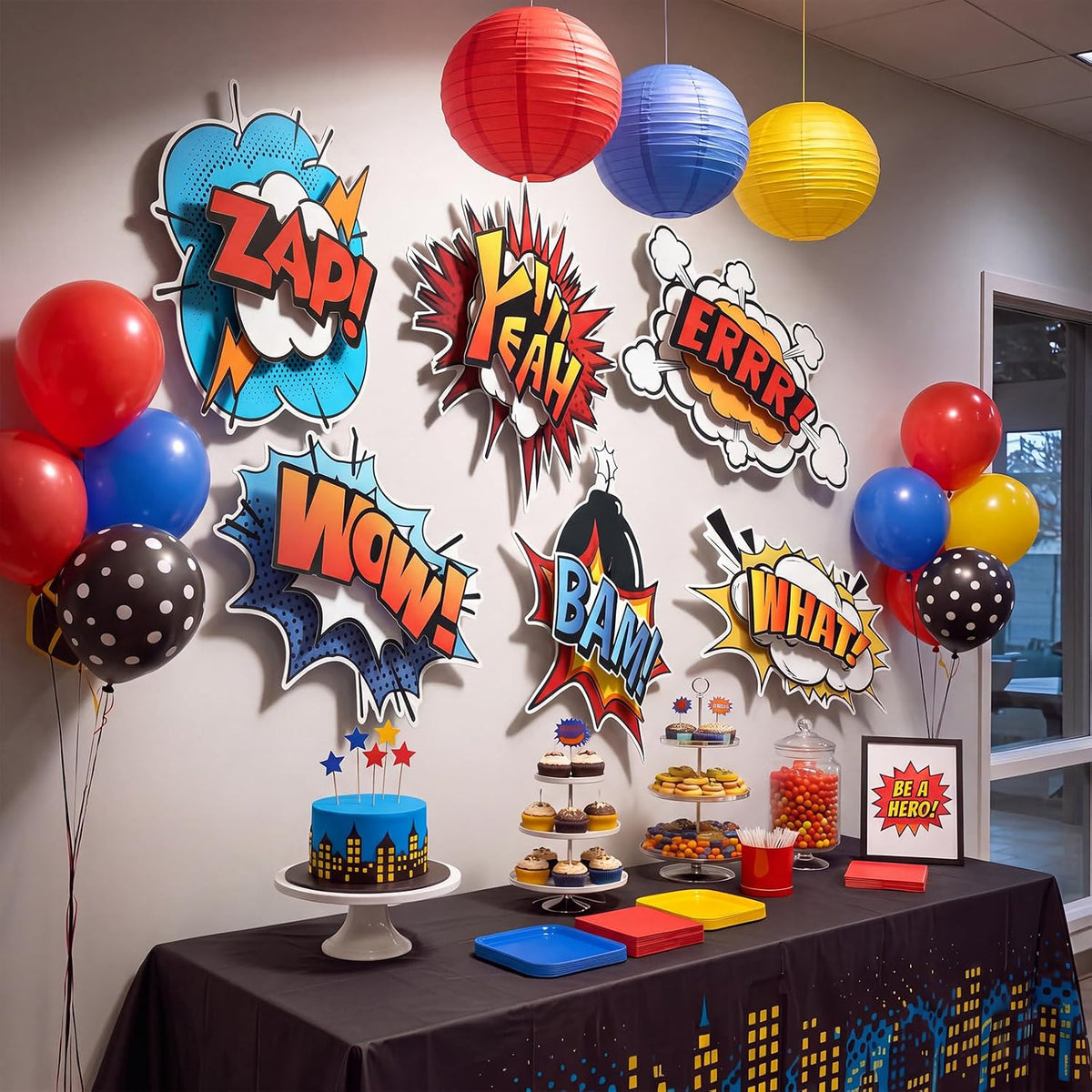 Preboun 6 Pcs Hero Party Decor 3D Multilayer Comic Action Cutouts, Large