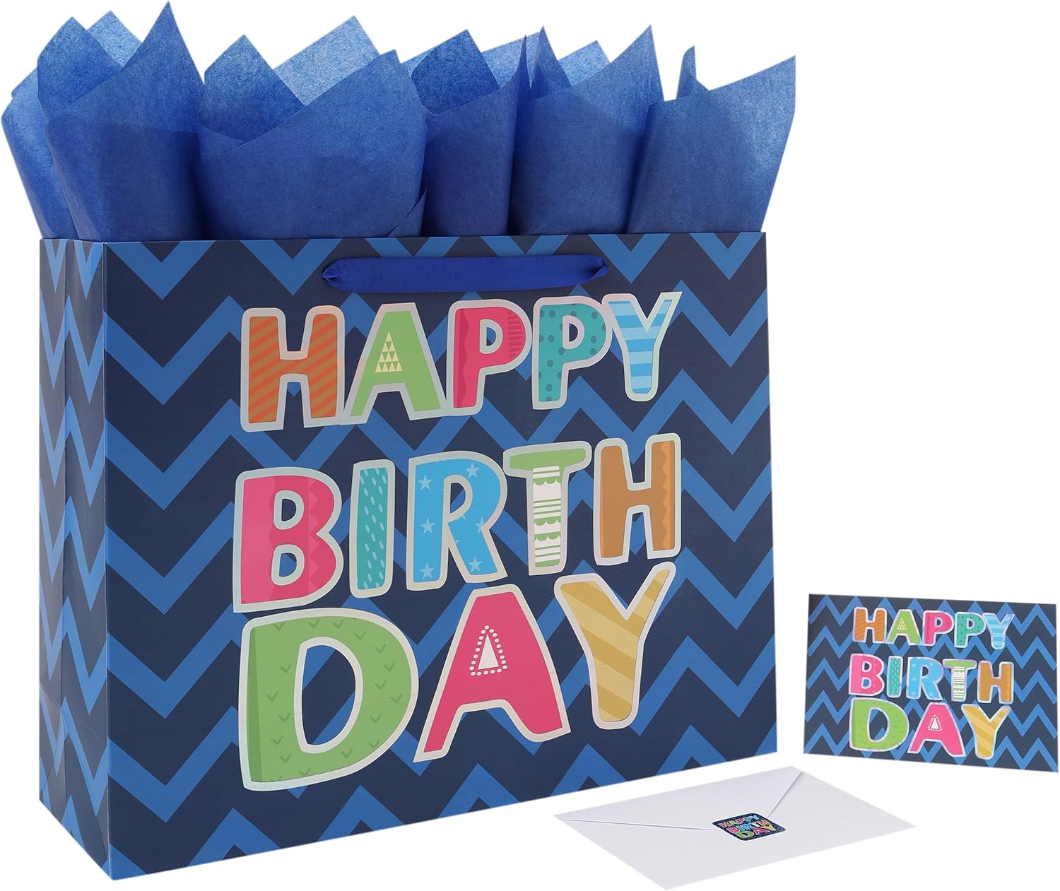 Qirrmiy 16.5” Extra Large Blue Happy Birthday Gift Bag Set with Handles, Greeting Card, Tissue Papers and Stickers for Men Boys Teens, for Kids' Parties, Laser Foil 'Happy Birthday' Design, 1 Pcs