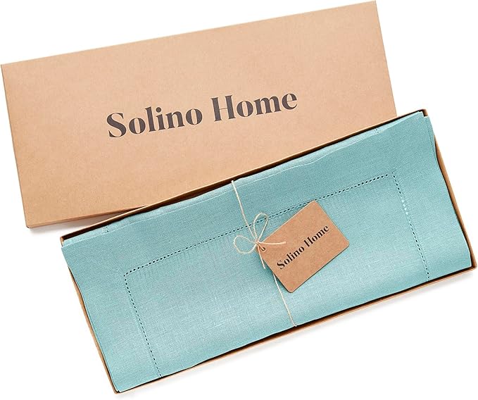 Solino Home Linen Aqua Blue Table Runner 144 Inches Long - 100% Pure Linen Extra Long Table Runner 14 x 144 Inch for Christmas, Holiday - Classic Hemstitch