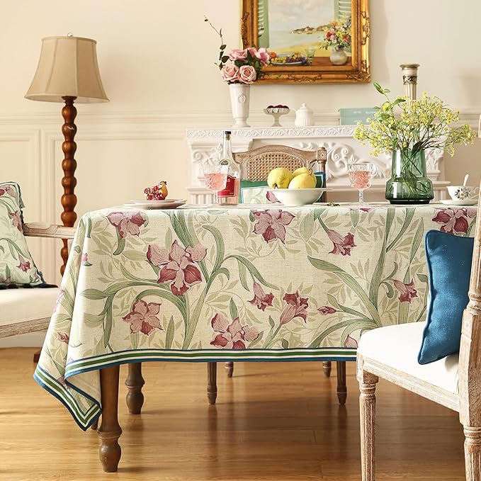 patdrea Designer Linen Green Rectangle Tablecloth,Framhouse Violets Pattern Floral Extra Long Tablecloths,Table Cover Decor for Kitchen Dining Christmas,Thanksgiving,Tea Party,63"x110"-Tara a