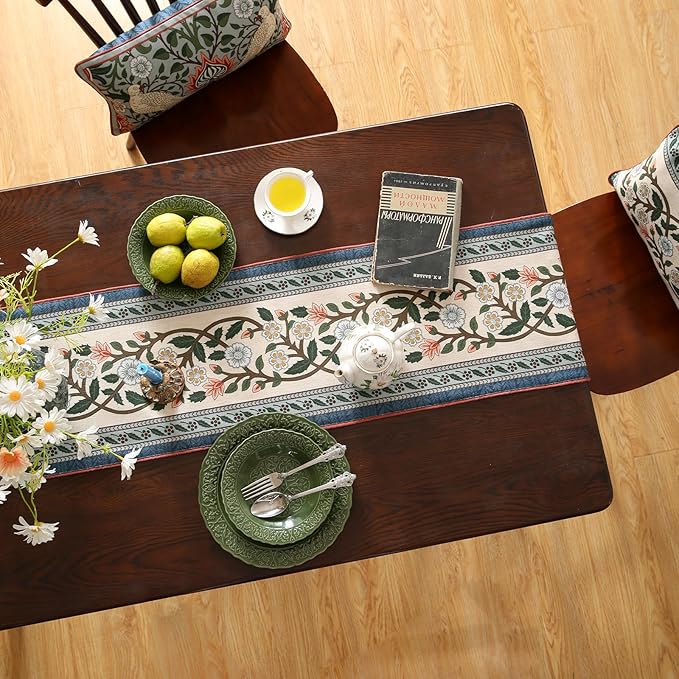 ISAENNE Designer Vintage Elegant Linen Extra Long Table Runner 118 Inches,Colorful Flower Pattern Soft Table Runners for Dining Tables,Thanksgiving,Kitchen Tables,Christmas,12"*118"-Naples C