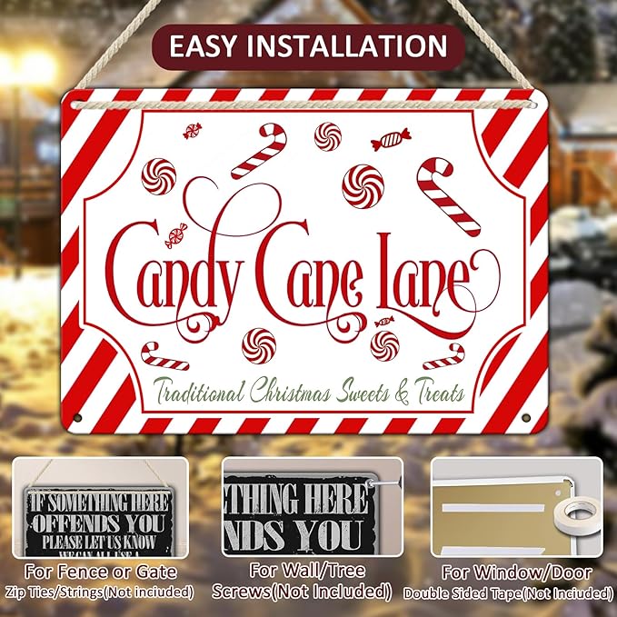 Christmas Candy Cane Lane Metal Tin Sign Traditional Christmas Sweets and Treats Winter Sign for Home Living Room Outdoor or Indoor Wall Decor Gift Christmas Candy Cane Lollipop 12x16Inch
