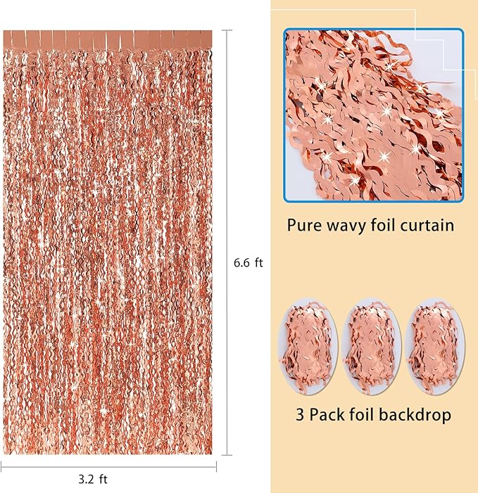 Wavy Fringe Curtain - Rose Gold, 3.3 ft x 6.6 Feet, Pack of 3 | Party Decorations, Streamers for Birthday Backdrop