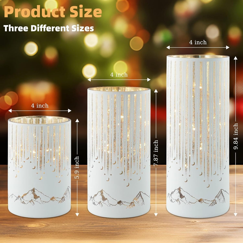 Starry Night Hurricane Candleholders with Warm LED Lights & Remote Timer, Elegant Twinkling Decorative Centerpieces for Wedding, Dining Table, Living Room, Mantel Décor, Set of 3 (White)