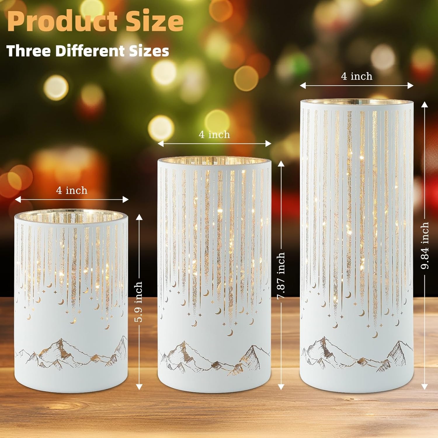 Starry Night Hurricane Candleholders with Warm LED Lights & Remote Timer, Elegant Twinkling Decorative Centerpieces for Wedding, Dining Table, Living Room, Mantel Décor, Set of 3 (White)