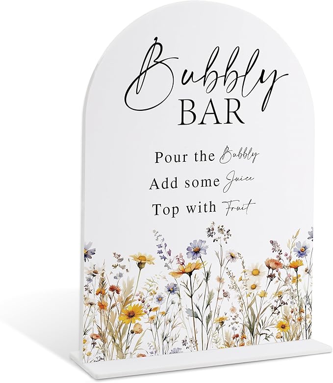 Wedding Signs for Ceremony and Reception, Boho Floral Acrylic Bubbly Bar Sign, Wedding Signage with Stand, Bridal Shower Table Centerpieces, Supplies for Engagement Reception and Event Party, 23