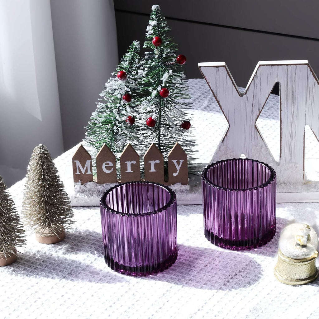 VOHO Large Votive Candle Holders for Table Centerpiece, 6pcs Purple Glass Ribbed Candle Holder for Halloween Decorations, Vintage Tealight Candle Holder for Baby Shower/Easter/Diwali(2.75"W x 2.56"H)