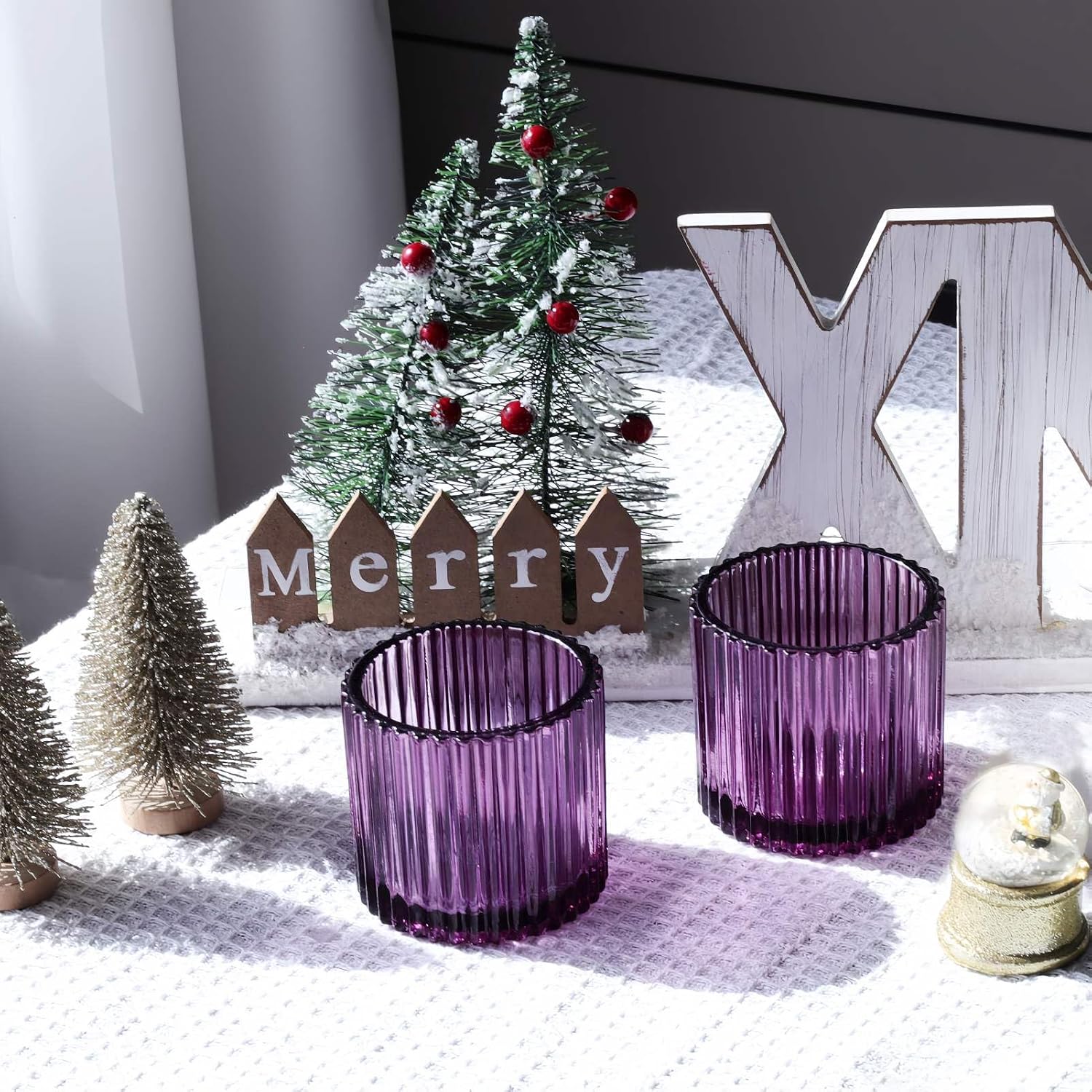 VOHO Large Votive Candle Holders for Table Centerpiece, 6pcs Purple Glass Ribbed Candle Holder for Halloween Decorations, Vintage Tealight Candle Holder for Baby Shower/Easter/Diwali(2.75"W x 2.56"H)