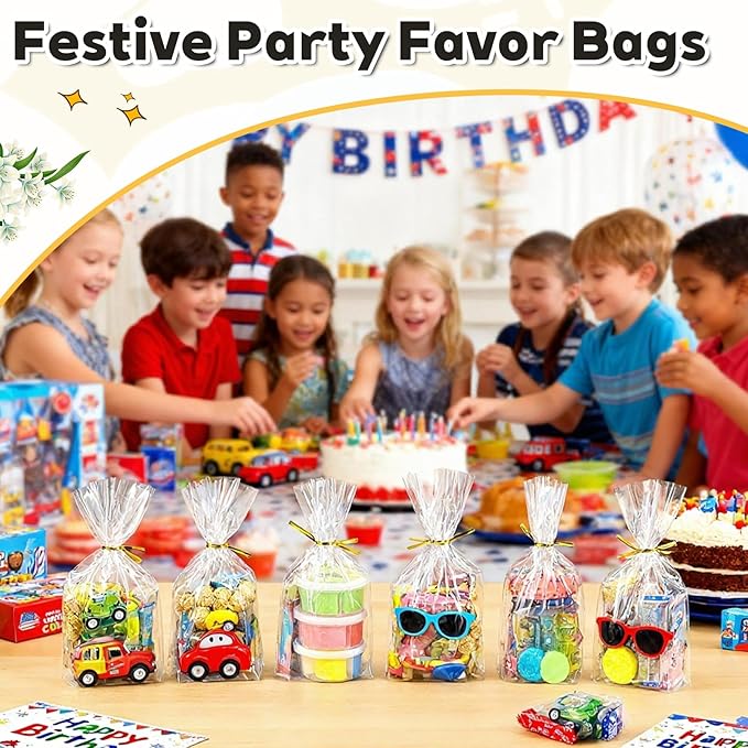 PigPotParty Cellophane Treat Bags 7"x10", 50 Pack Clear Goodie Bags, 3.2" Bottom Gusset for Stand-Up Display, Small Plastic Gift Wrap for Cookies, Candy, Party Favors, Popcorn, Includes 50 Gold Ties