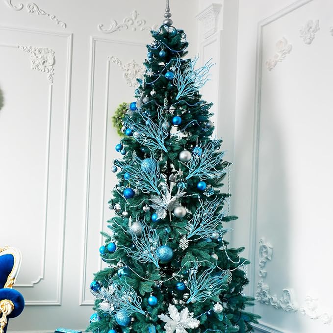 8 Pcs Blue Coastal Ornaments for Christmas Tree Artificial 15.7inch Glitter Coastal Ocean Branch Artificial Flowers Christmas Tree Filler Twigs Plants Xmas Ornaments for Vase Gift Wreath