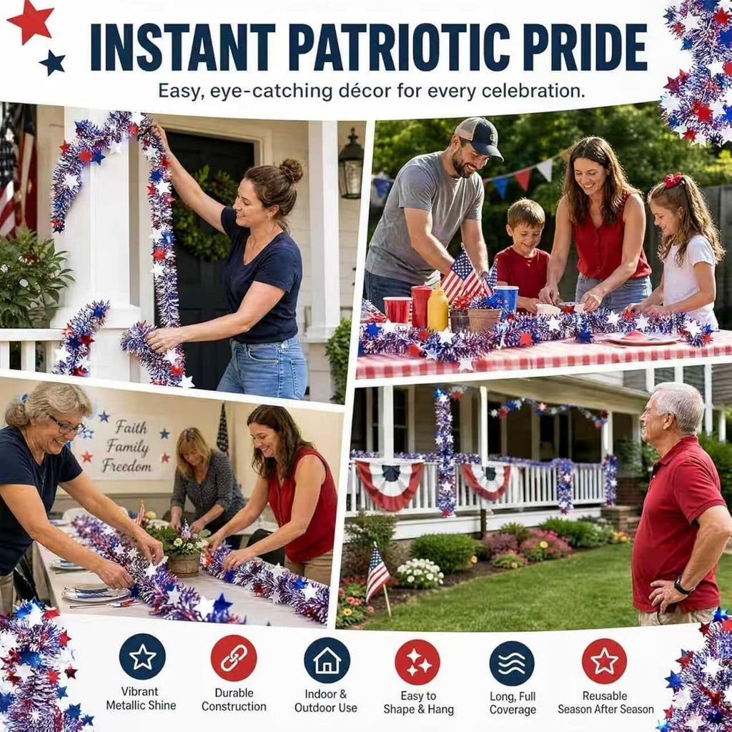 50 Ft Patriotic Star Garland, Red White Blue Metallic Tinsel with 5-Pointed Stars, 4th of July & America 250th Anniversary Decorations for Independence Day Party Mantle Porch Fireplace | Shiny Metallic Tinsel Star Garland