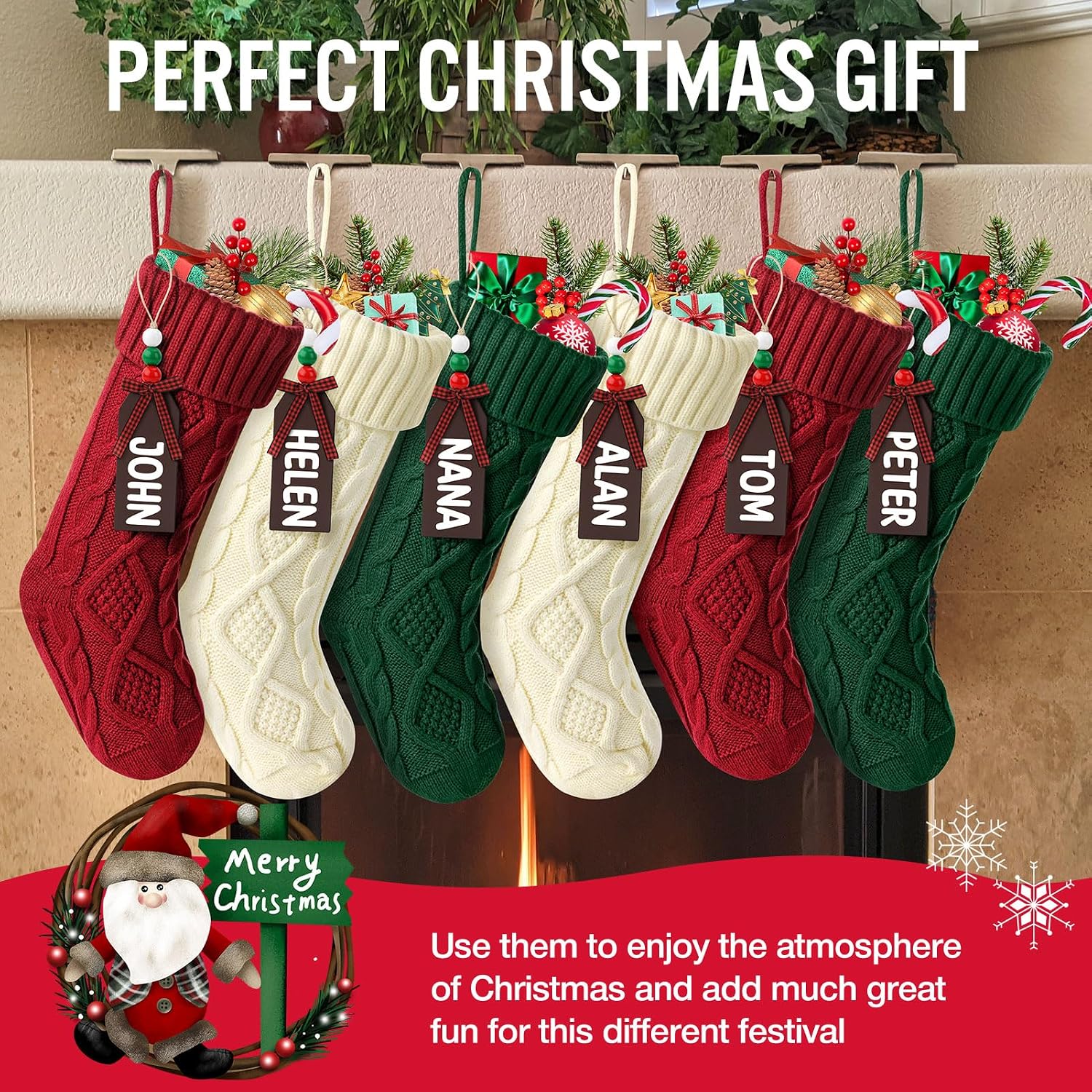 Hommtina Christmas Stockings, Personalized Christmas Stockings 18 Inches Large Size Cable Knitted Stocking Gifts (6pcs White&red&Green)
