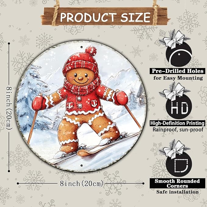 Round Gingerbread Man Ski Vintage Metal Sign Skiing Sign, Office Sign Home Décor Ski Lodge Décor Cabin Tin Sign 8 * 8 in