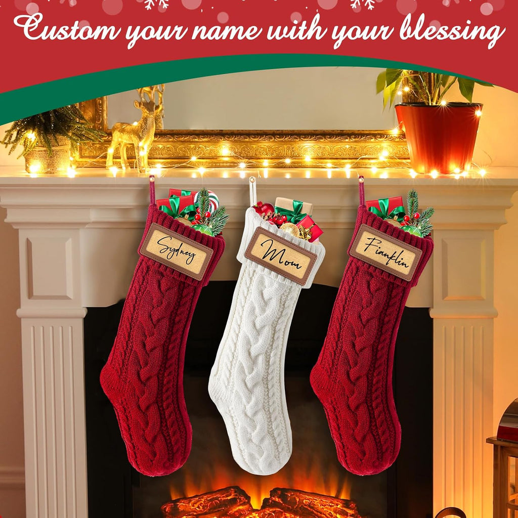 steo spce 4 Pack Personalized Christmas Stocking with Leather Patches Custom Name Family Christmas Stockings, 18.5” Large Knitted Xmas Stockings for Kids, Holiday and Fireplace Party Decoration