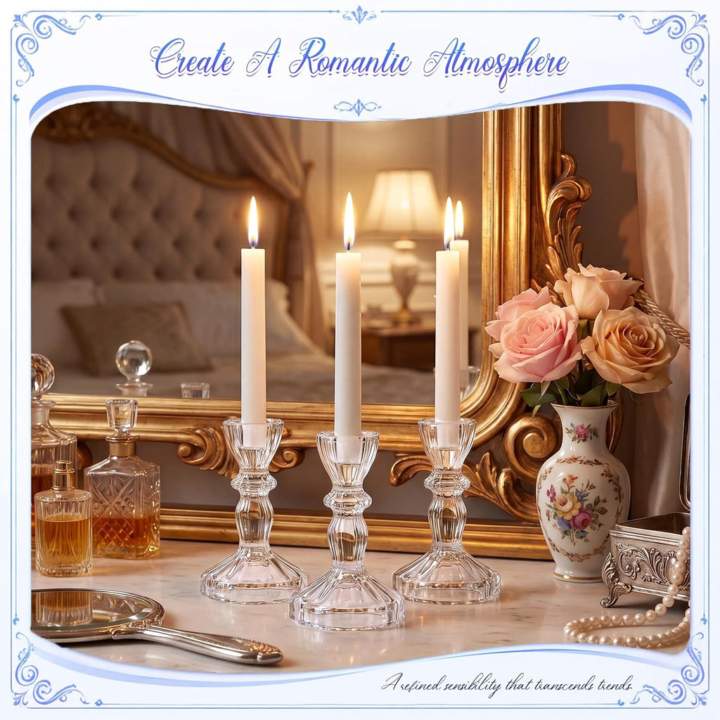 Sieral 24 Pcs Clear Taper Candle Holders 4'' Tall Candlestick Glass Holders Bulk Decorative Striped Design Stand Wedding Stick Holder for Anniversary Party Dining Table Festival Decor