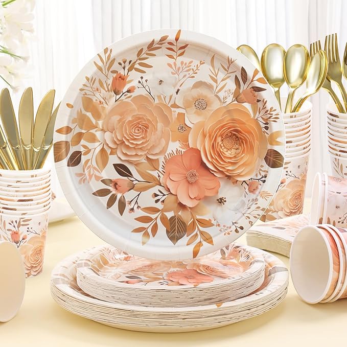 175PCS Floral Plates and Napkins Sets, Floral Party Supplies Plates, Cups, Spoons, Fork, Napkins - For Women Birthday Party Decorations