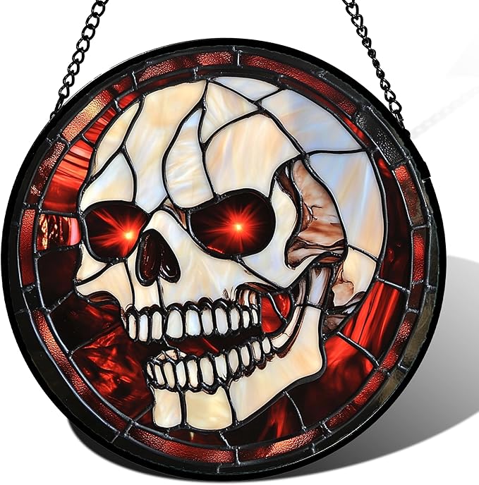 Stained Glass Window Hanging - Halloween Decorations White Skeleton Suncatcher for Doors Garden Indoor Spooky Funny Red Sun Catchers Gothic Decor Horror Gifts for Women Men Friend 9.8 in