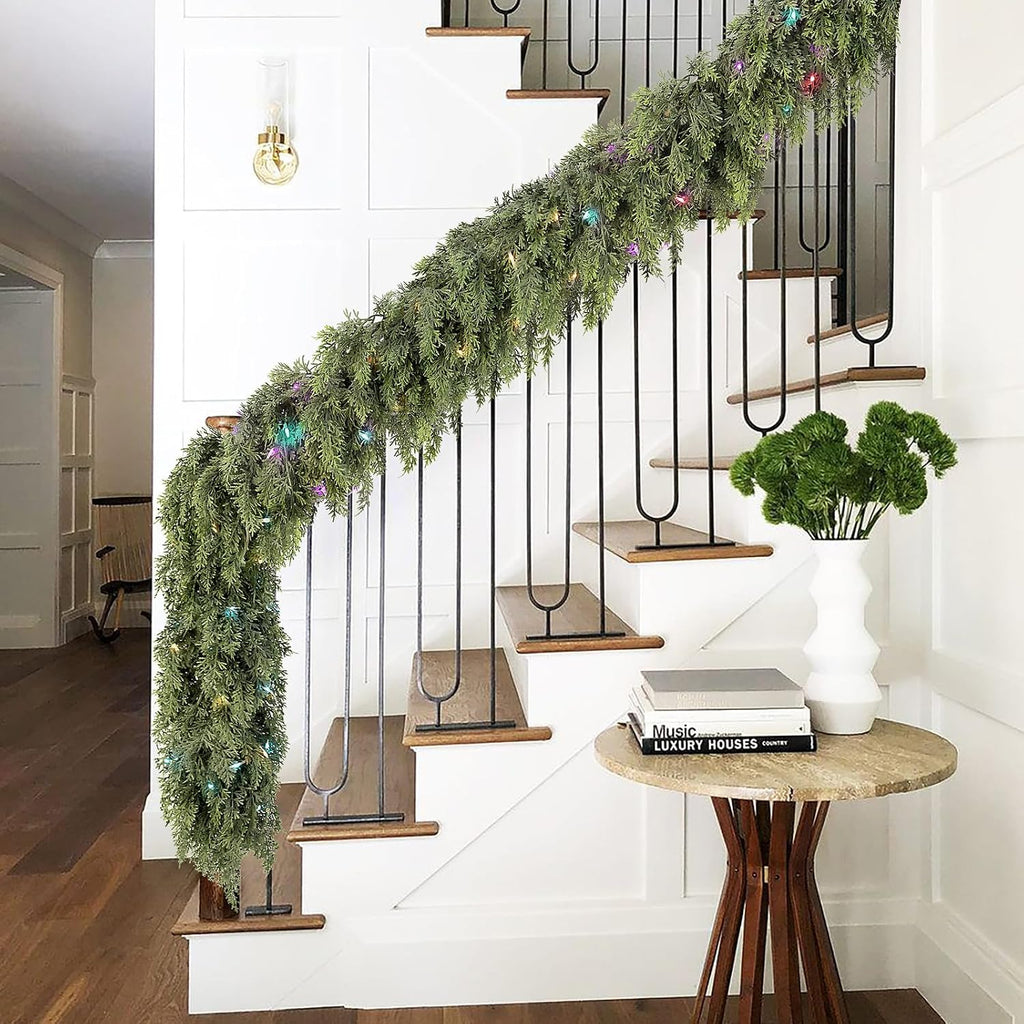 9ft prelit real touch cedar christmas garland with, front angle view