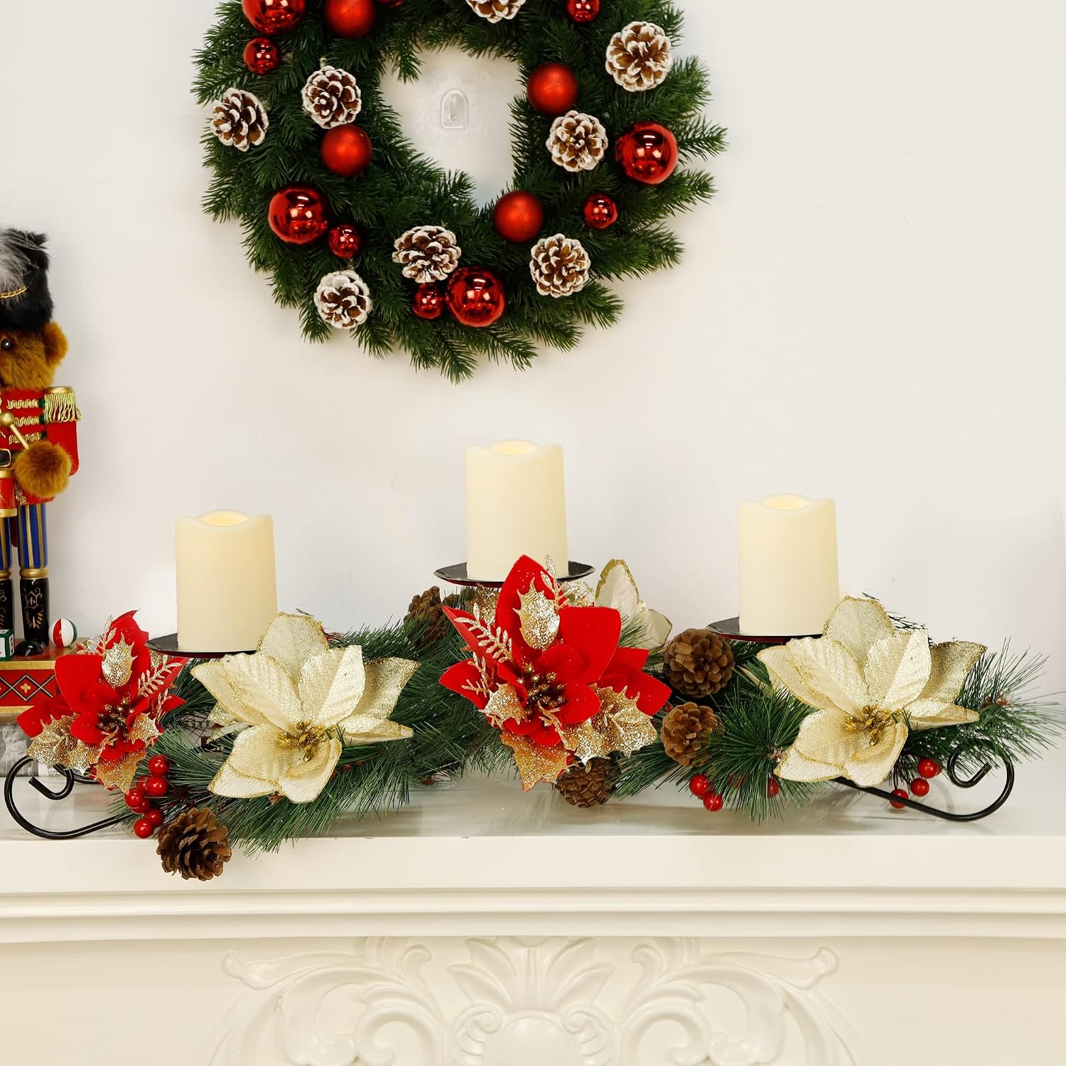 Joliyoou Christmas Tabletop Centerpieces, 17.5" L Christmas Poinsettia Candle Holder with 3 Battery Operated Light Up Candle Lights, Metal Candelabrum for Xmas Holiday Table Mantel Decoration
